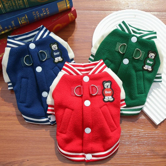 Winter Pet Dog Baseball Clothes Fashion Dog Jacket Coat Bear Print Puppy Hoodie Cute Soft Cat Overcoat Pet Jacket Bichon Apparel